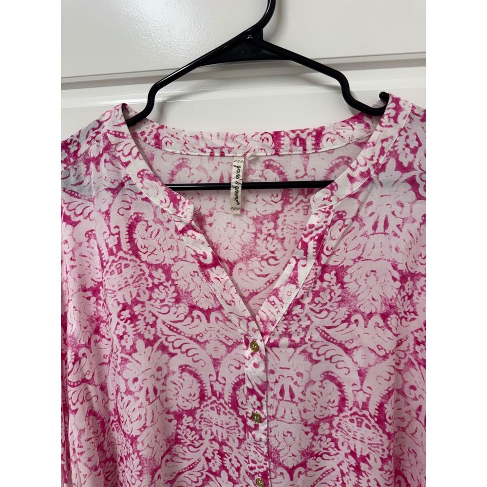 Grand & Greene Pink White Damask Paisley Long Sleeve Button V-Neck Tunic Blouse